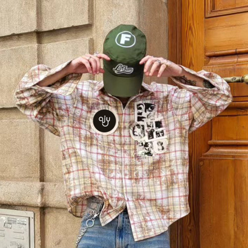 Custom High Quality Men Plaid Shirt | Embroidered Patchwork Shirt | Oversized Streetwear Shirt