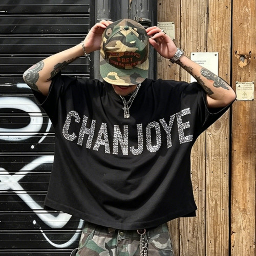 Chanjoye Custom Logo Tee | Oversize Boxy T-shirt | Designer Rhinestone 100% Cotton T-shirt
