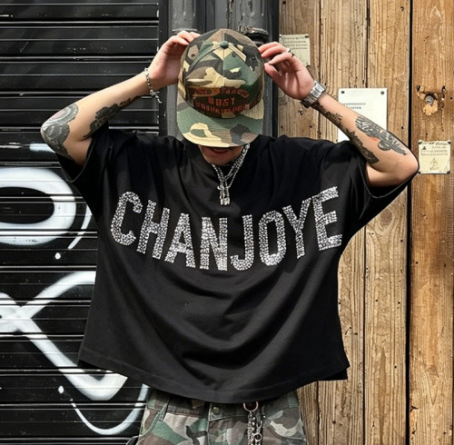 Chanjoye Custom Logo Tee | Oversize Boxy T-shirt | Designer Rhinestone 100% Cotton T-shirt