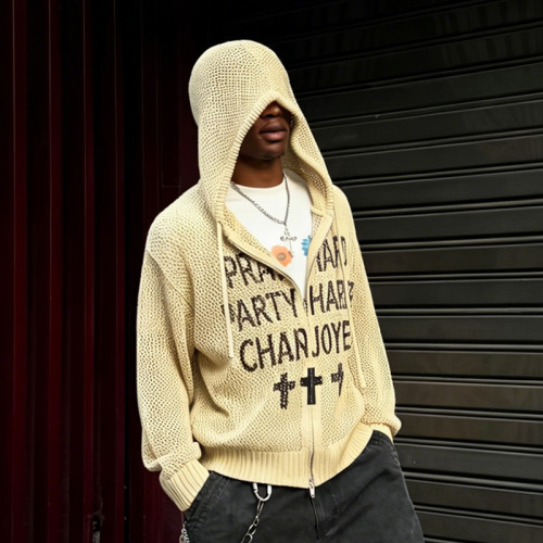 Custom High Quality Sweater | Mesh Knit Zipper Hooded Sweater | Lightweight Printed Sweater