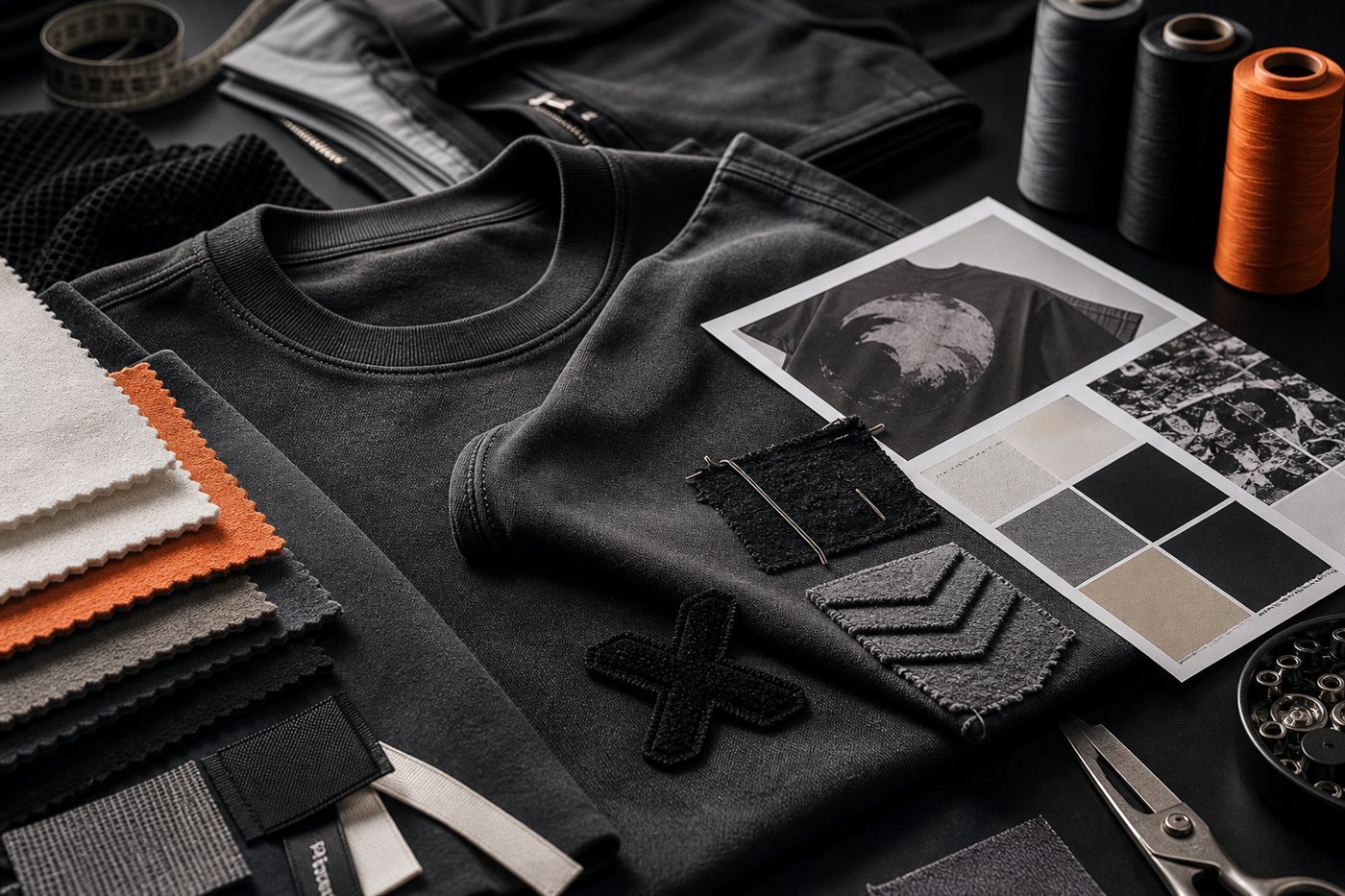 Streetwear custom shirt craft development with fabrics labels and print samples