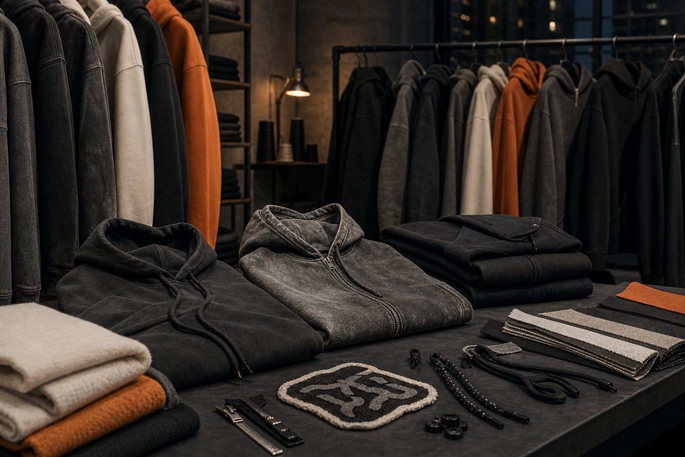 Streetwear custom hoodie samples with heavyweight fleece and wash effects