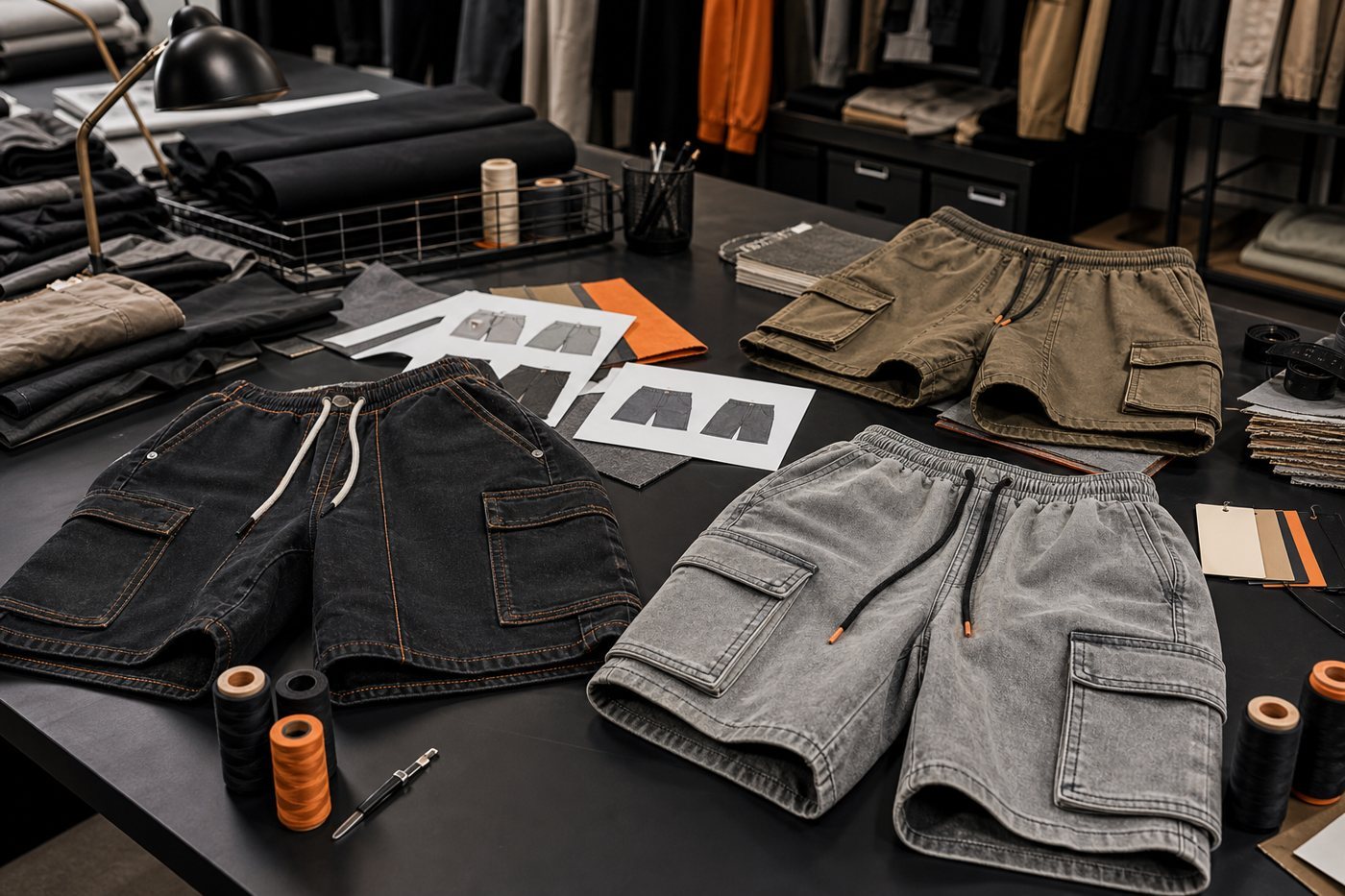 Streetwear custom shorts development with denim cargo and washed fabric