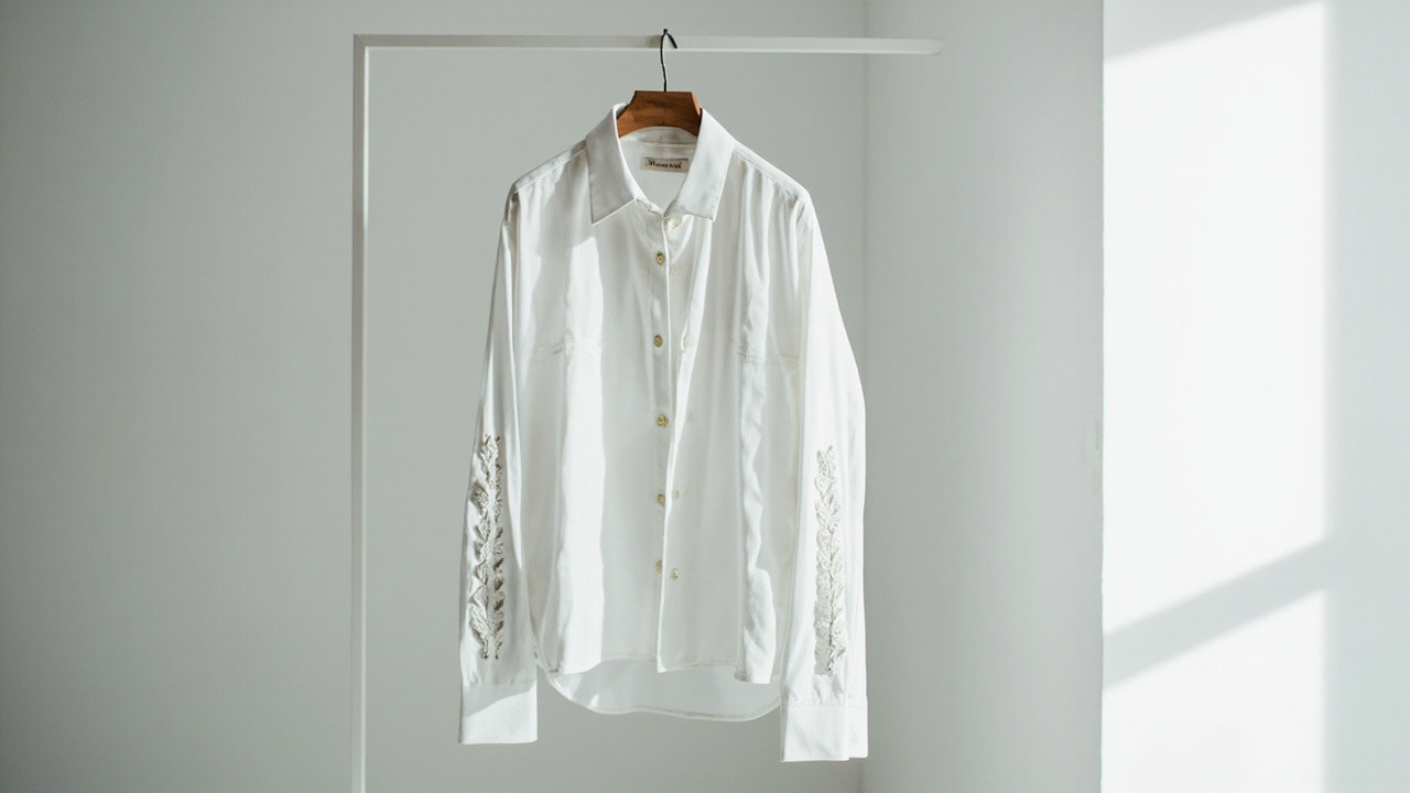 Display of custom printed long sleeve shirts on a rack in a factory setting