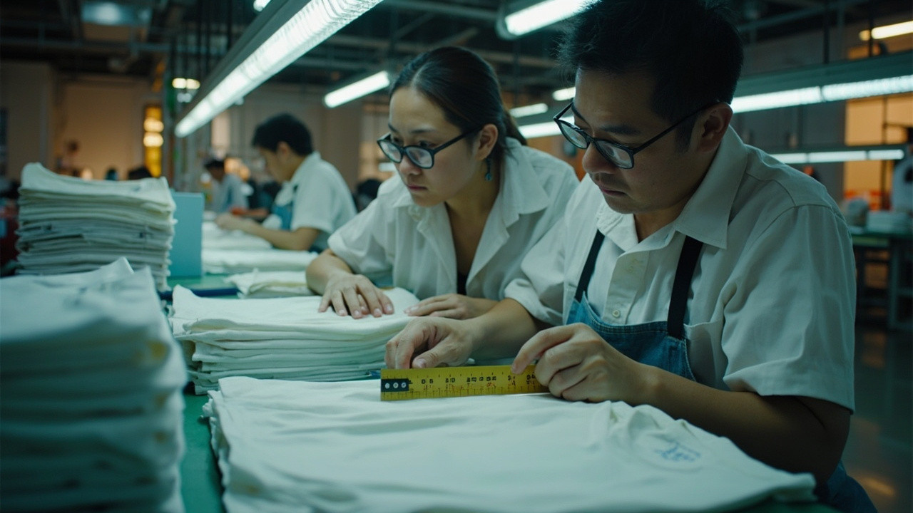 Factory quality control inspection of short sleeve T-shirts at chanjoye manufacturing facility