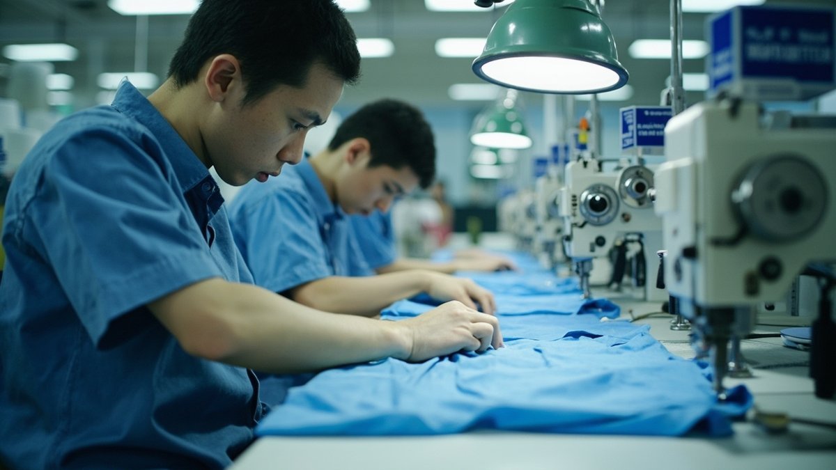 Modern garment factory production floor with rows of industrial sewing machines, workers in blue uniforms conducting quality control inspection on short sleeve T-shirts, fabric rolls in background, organized manufacturing environment