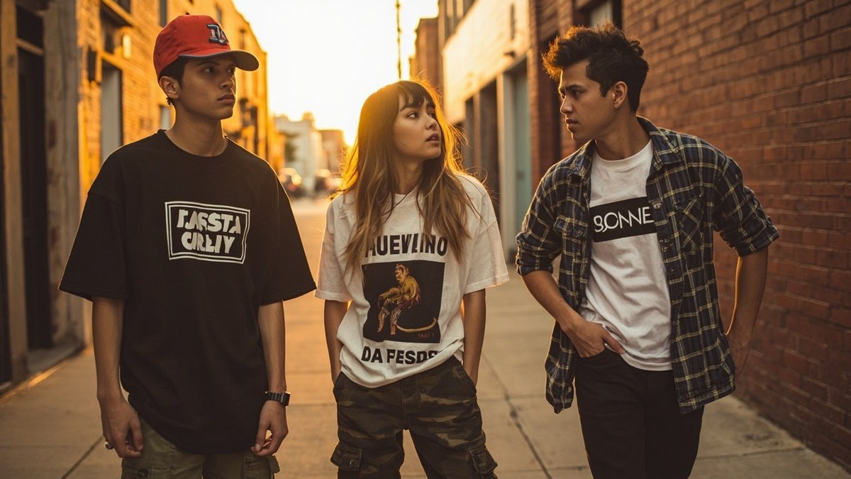 Urban streetwear fashion scene with three diverse young adults wearing different customized short sleeve T-shirts with unique graphic prints and logo designs, showcasing various styling approaches in a city alley during sunset golden hour