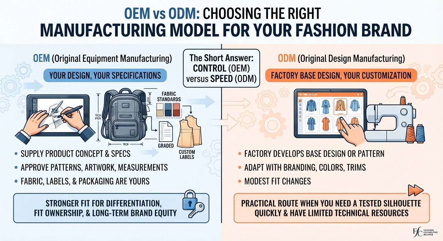 Fashion brand team reviewing OEM and ODM clothing manufacturing plans