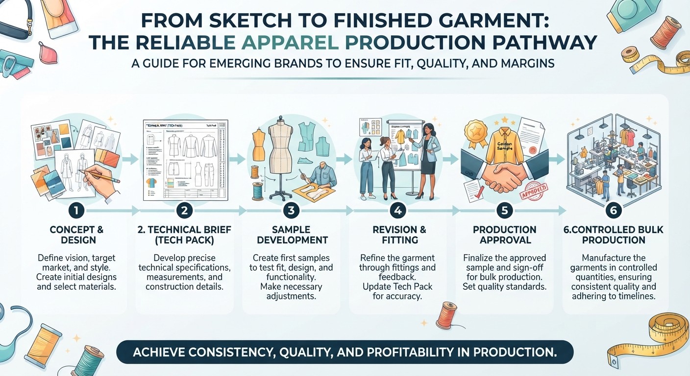 Fashion designer developing a custom clothing concept with sketches and fabric swatches