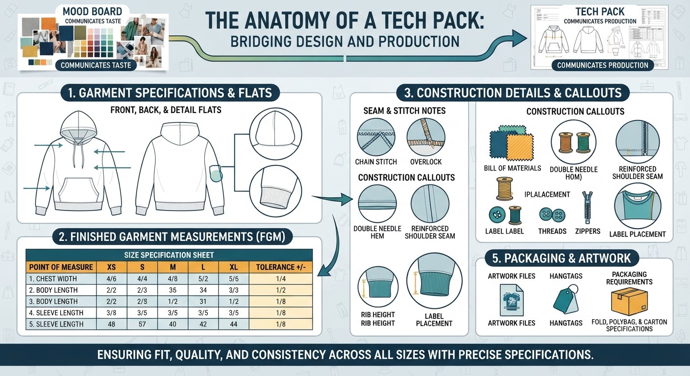 Custom clothing tech pack with measurement chart, pattern and fabric swatches