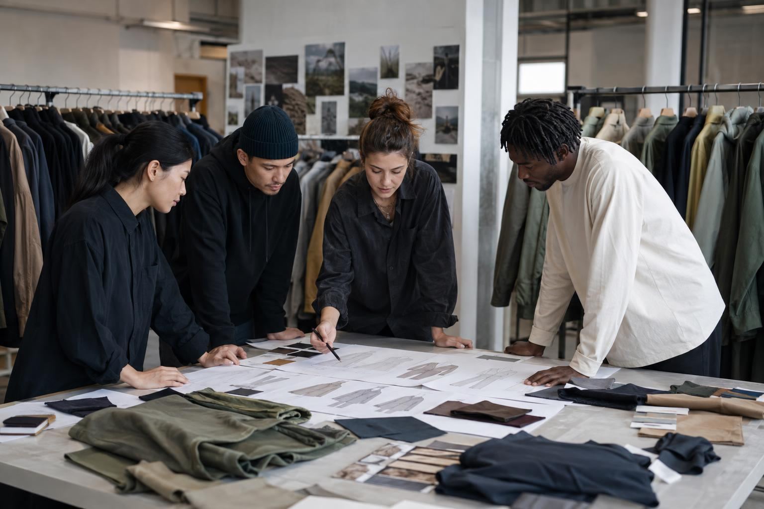 Streetwear design team planning a coordinated collection with sketches and fabric swatches