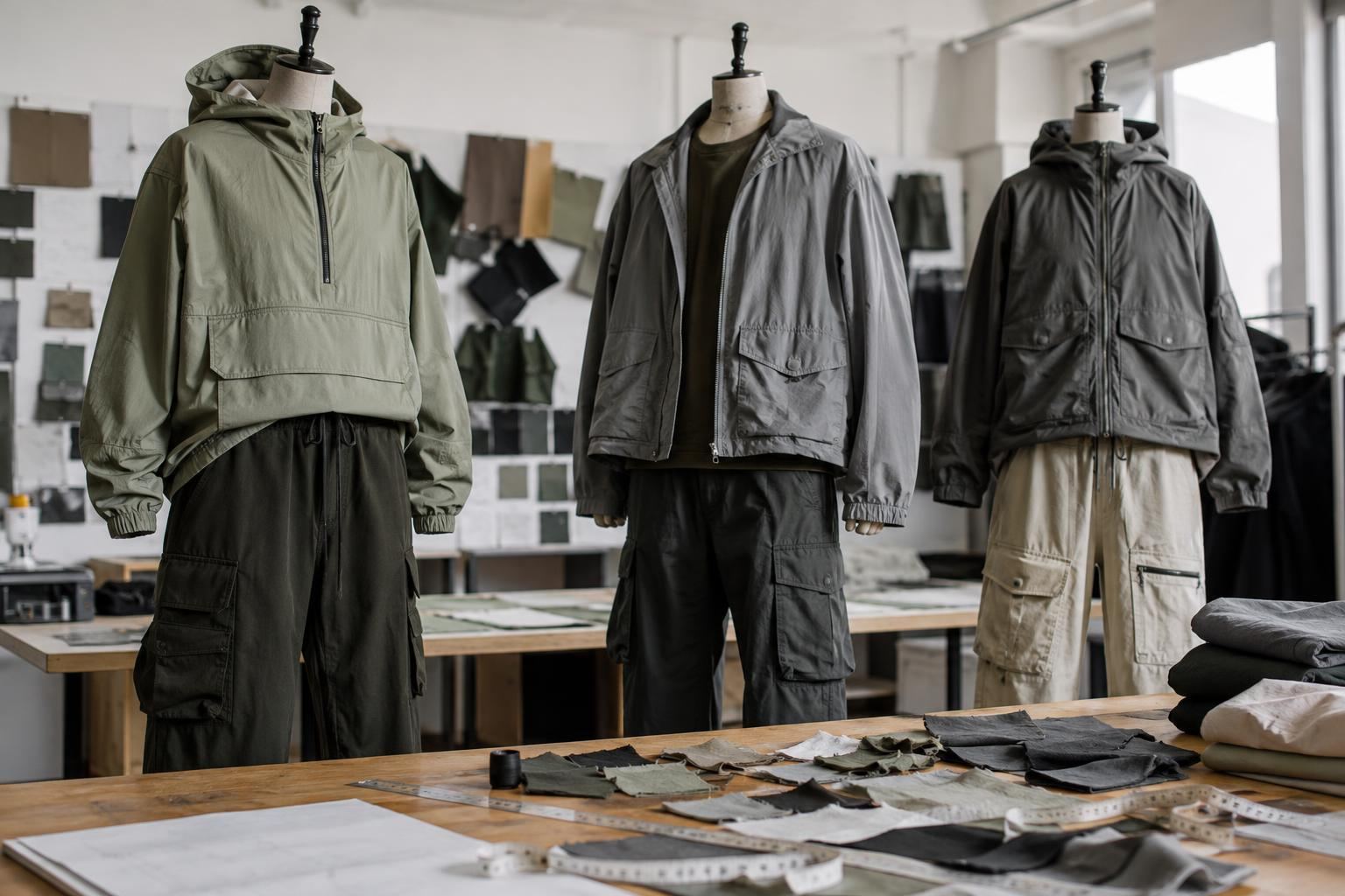 Garment development workshop reviewing coordinated streetwear samples and measurements