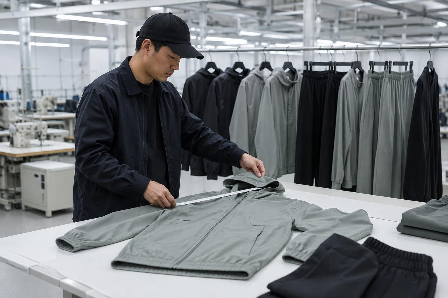 Quality inspector checking measurements and stitching on a cohesive streetwear collection