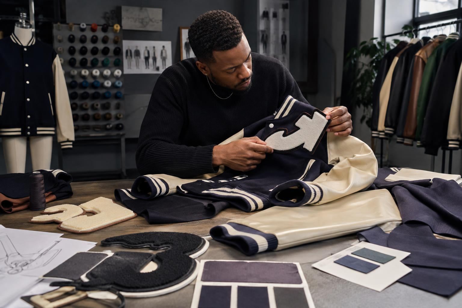 Designer reviewing custom varsity jacket panels, patches and fabric options