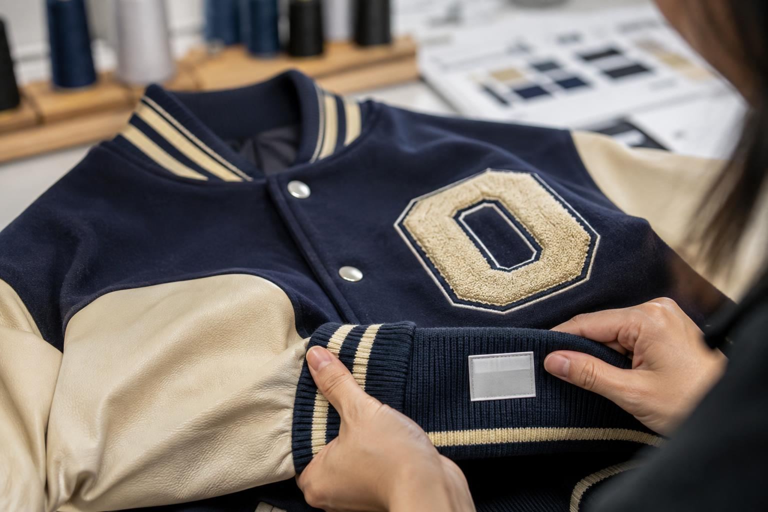 Garment specialist checking varsity jacket embroidery, snaps and rib-knit details