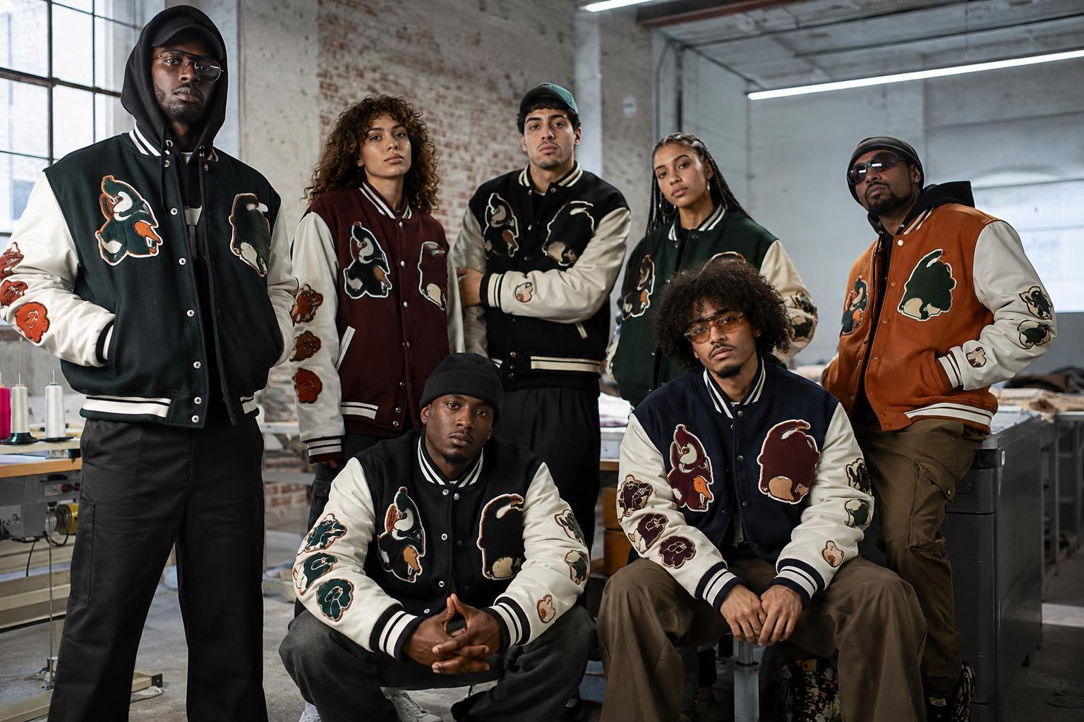 Streetwear team wearing coordinated custom varsity jackets in an urban studio