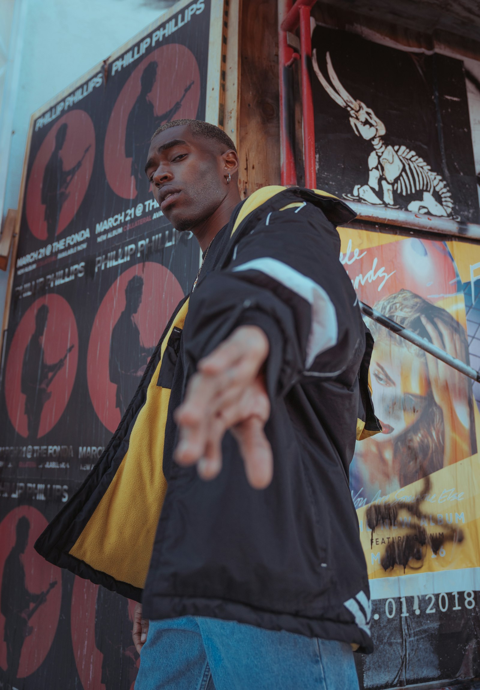 Retro-inspired streetwear styling in an urban setting