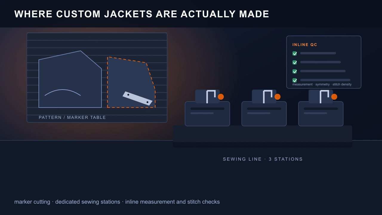 Custom jacket production: marker cutting, dedicated sewing stations and inline measurement checks