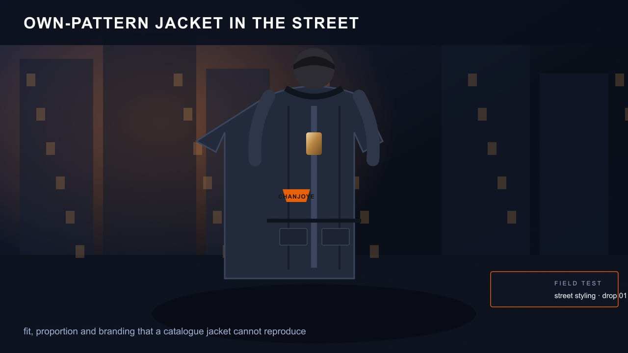 The finished custom jacket in a streetwear context, styled for a first drop