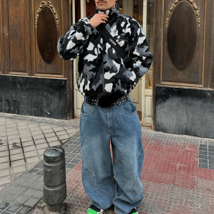Chanjoye Custom Fleece Coat | Winter Sherpa Jacket | Camo Outerwear Loose Stand-up Collar Zipper