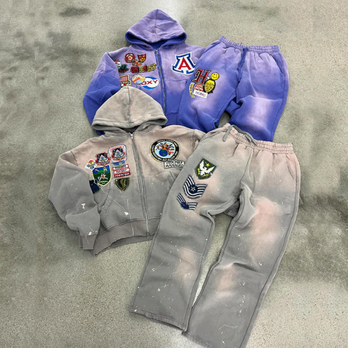 Chanjoye Custom Sweatsuit | Zip up Hoodie Tracksuit | Unisex Sets Embroidery Patchwork Sweats French Terry Double Zipper