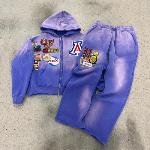 Chanjoye Custom Sweatsuit | Zip up Hoodie Tracksuit | Unisex Sets Embroidery Patchwork Sweats French Terry Double Zipper