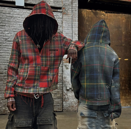Chanjoye Custom zip up jacket | distressed plaid jacket | heavyweight acid wash cotton high quality