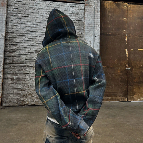 Chanjoye Custom zip up jacket | distressed plaid jacket | heavyweight acid wash cotton high quality