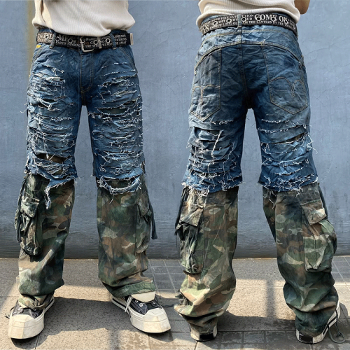 Chanjoye Custom Designs Jeans | Splicing Camo Distressed Faded Denim Pants | Acid Washed Pants