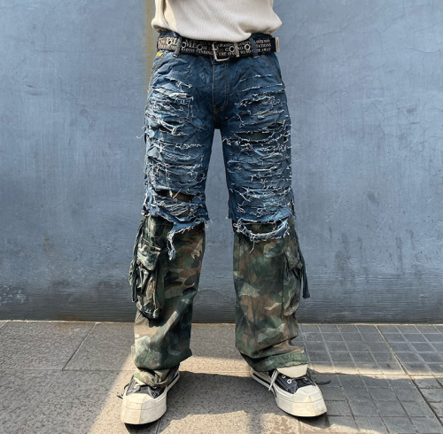 Chanjoye Custom Designs Jeans | Splicing Camo Distressed Faded Denim Pants | Acid Washed Pants