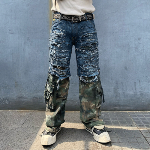 Chanjoye Custom Designs Jeans | Splicing Camo Distressed Faded Denim Pants | Acid Washed Pants