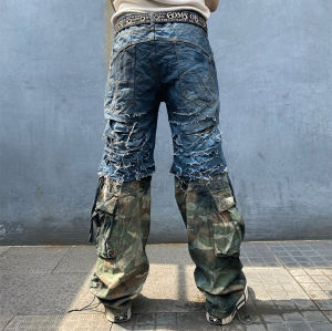 Chanjoye Custom Designs Jeans | Splicing Camo Distressed Faded Denim Pants | Acid Washed Pants