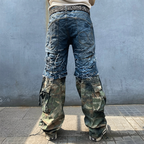 Chanjoye Custom Designs Jeans | Splicing Camo Distressed Faded Denim Pants | Acid Washed Pants