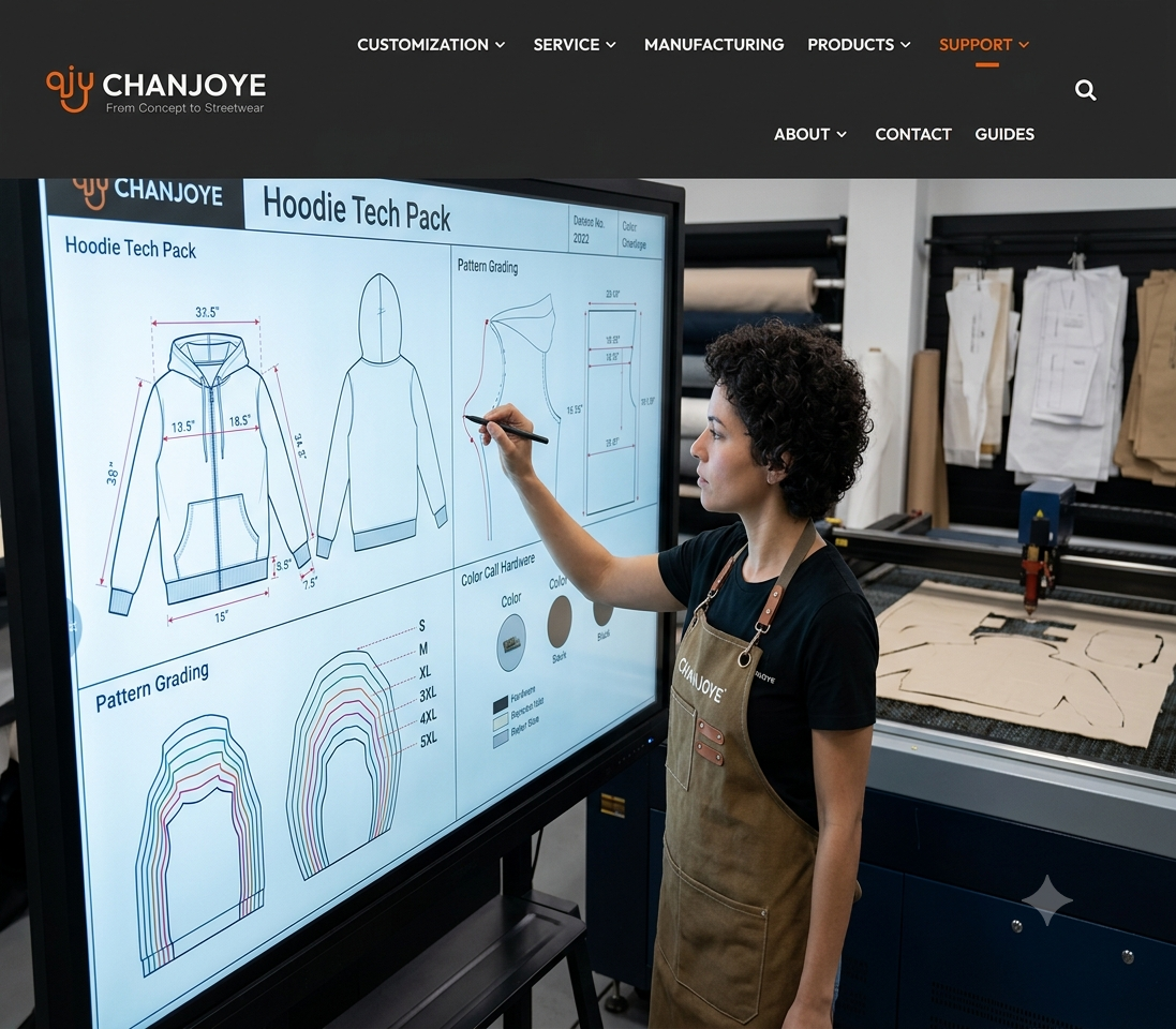 Factory quality control station for premium hoodie manufacturing