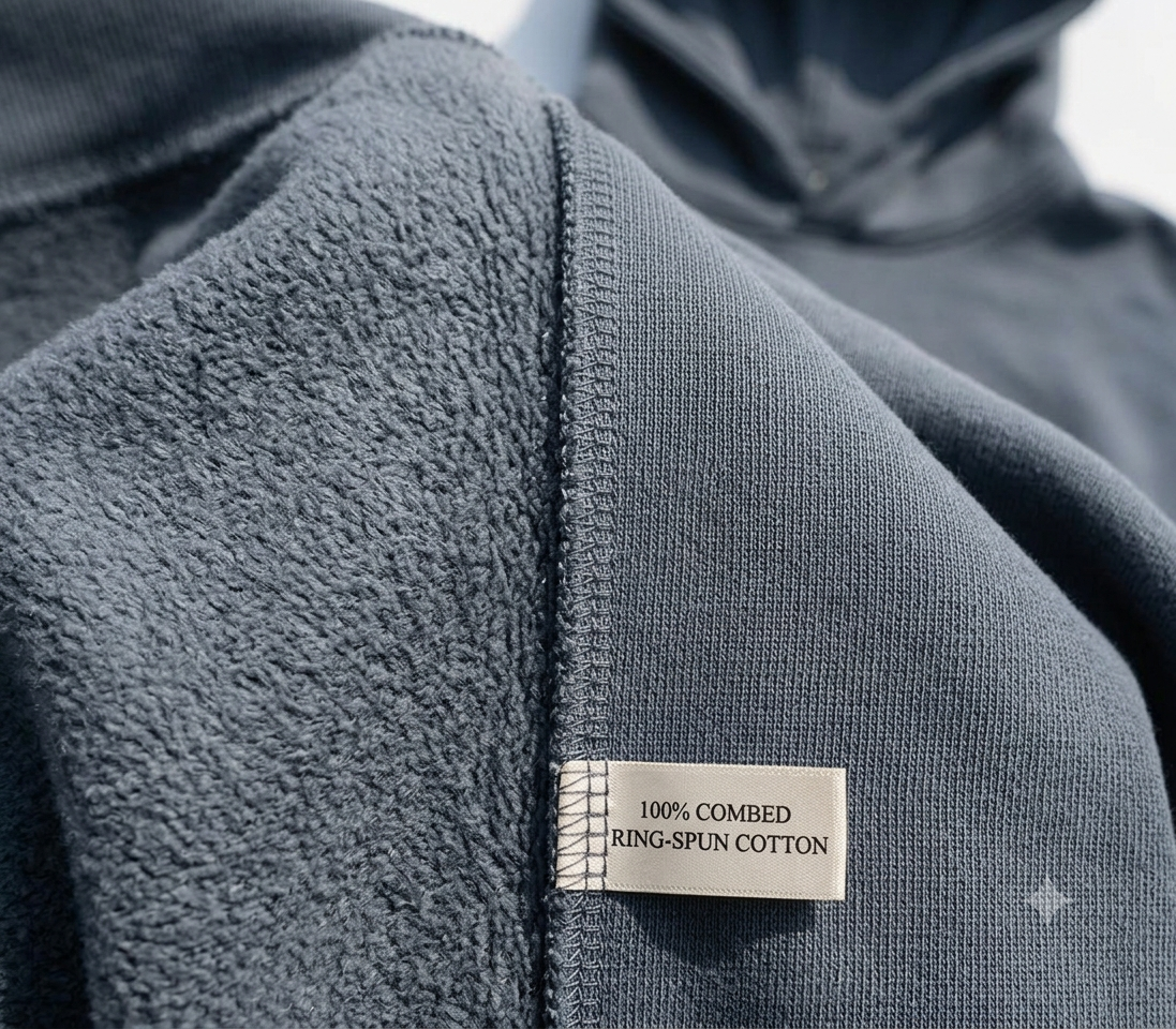 Premium hoodie fabric closeup showing brushed fleece texture and stitching detail