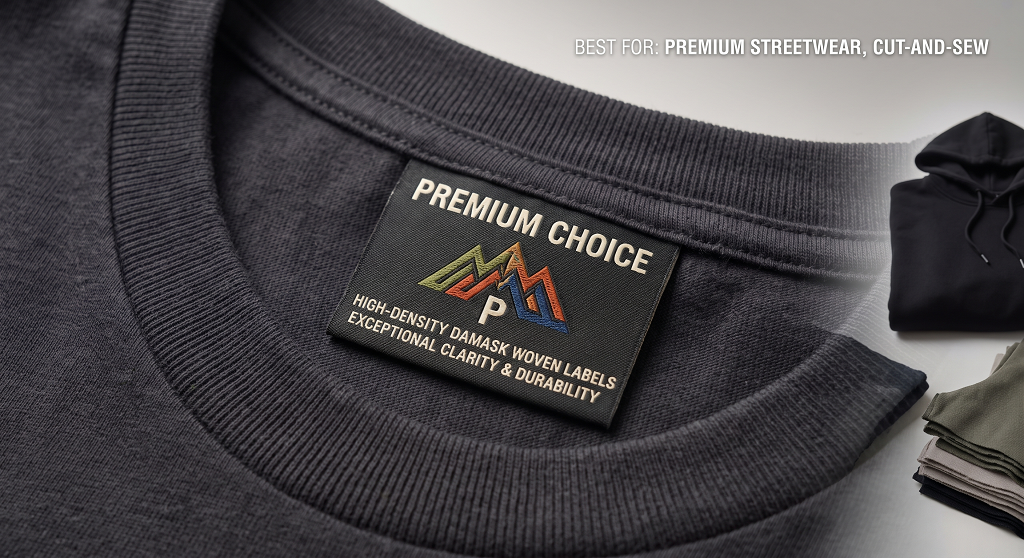 Woven damask labels for premium streetwear
