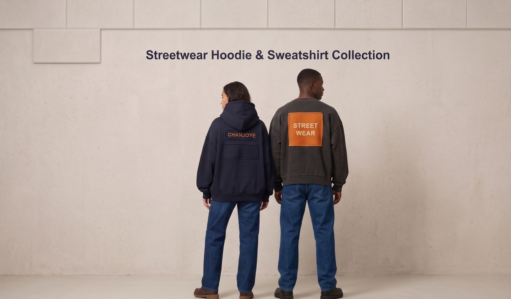 Streetwear models wearing custom hoodies and sweatshirts in urban setting
