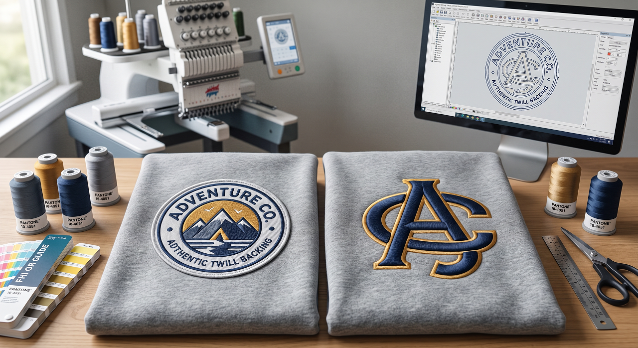 Macro close-up of embroidered logo on oversized hoodie fabric