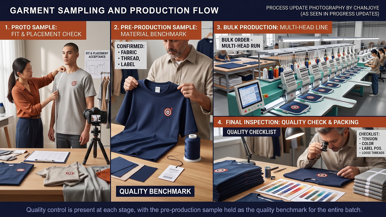 Factory floor with multi-head embroidery machines and quality control
