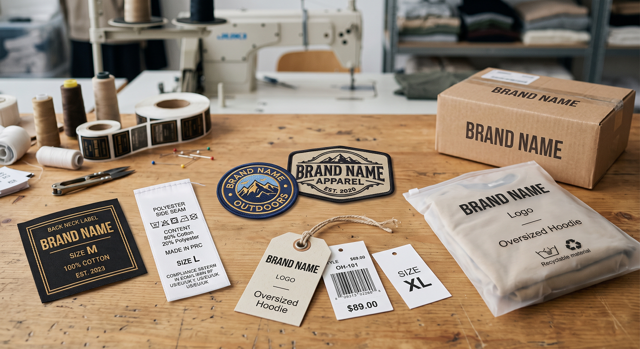 Custom woven label, hang tag and thread spools flat lay
