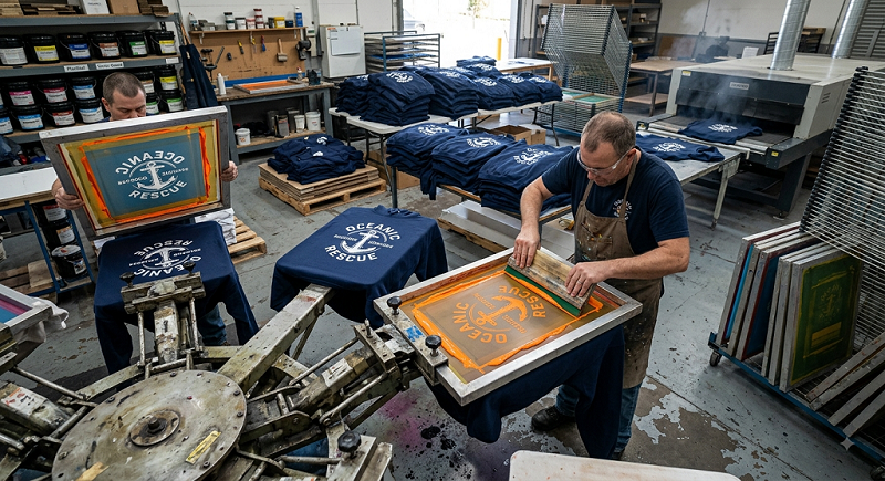 Screen printing production line in a garment factory with artisan pulling ink across a silk screen