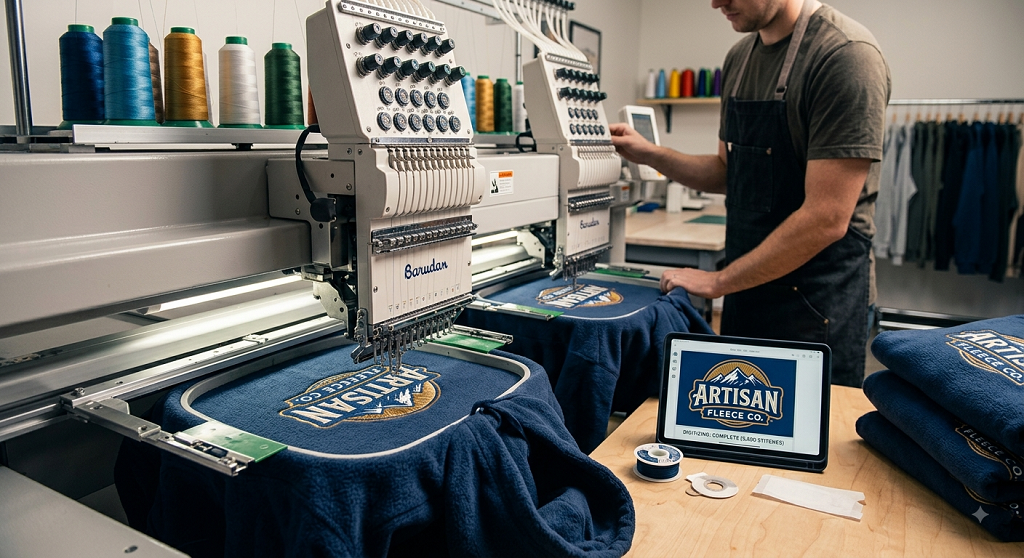 Industrial embroidery machine stitching a colorful crest onto navy fleece sweatshirt fabric