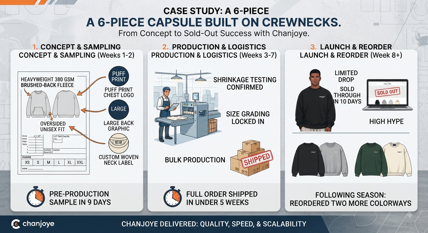 Garment factory quality control and sewing production of crewneck sweatshirts