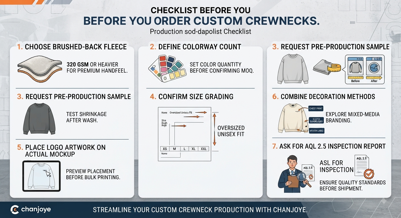 Heavyweight fleece fabric swatches and crewneck tech pack design sketch