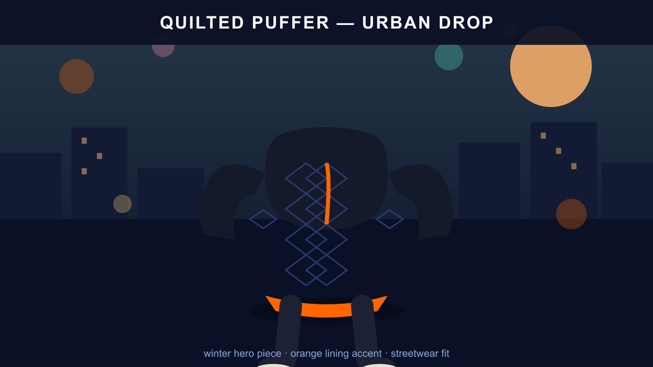Quilted puffer jacket with orange lining styled in an urban streetwear setting