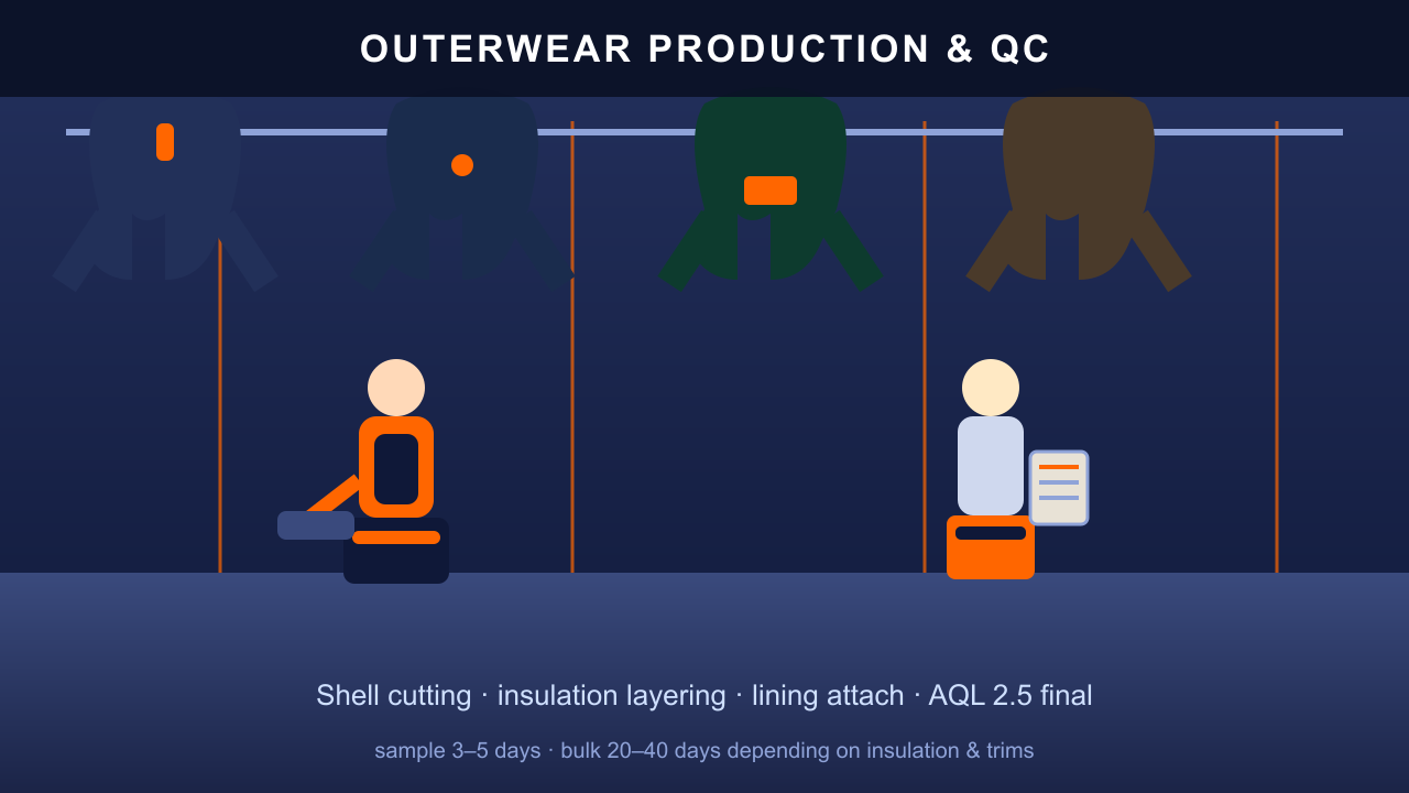 Outerwear factory production line with jackets hanging on rails and quality control inspection