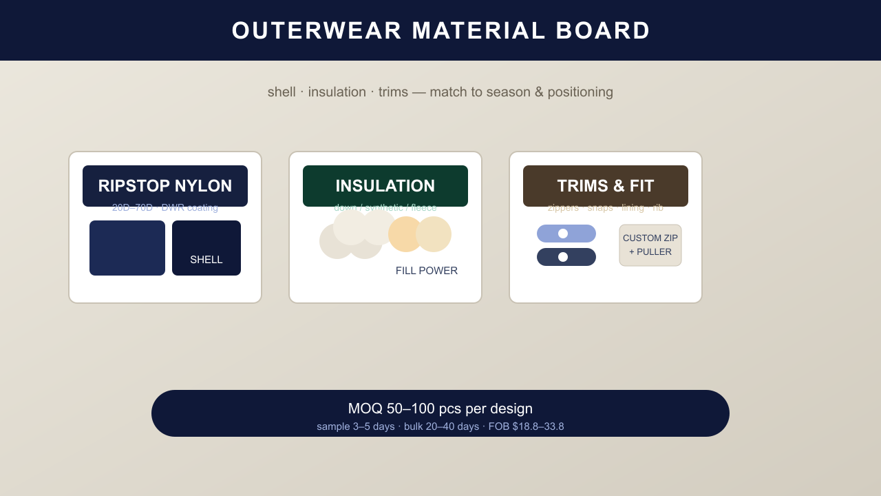 Outerwear material board comparing ripstop nylon shells, insulation fills, and custom zipper trims