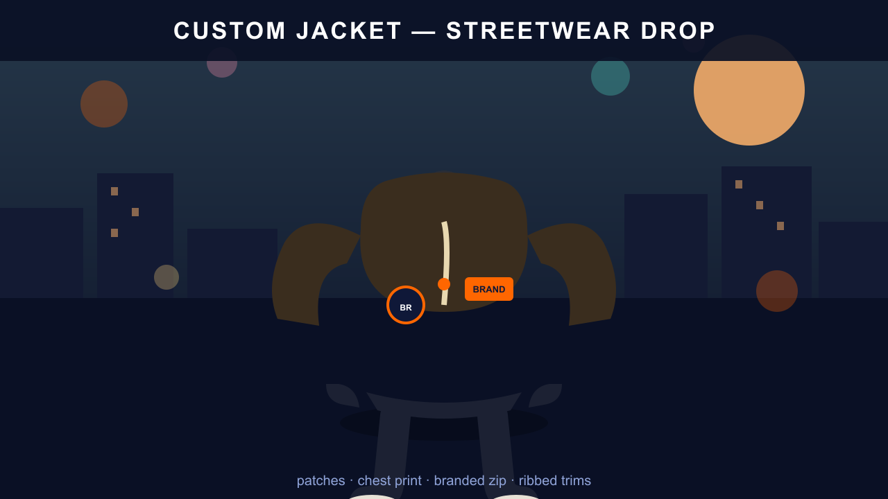 Custom bomber jacket with branded patches and chest print styled in an urban streetwear setting