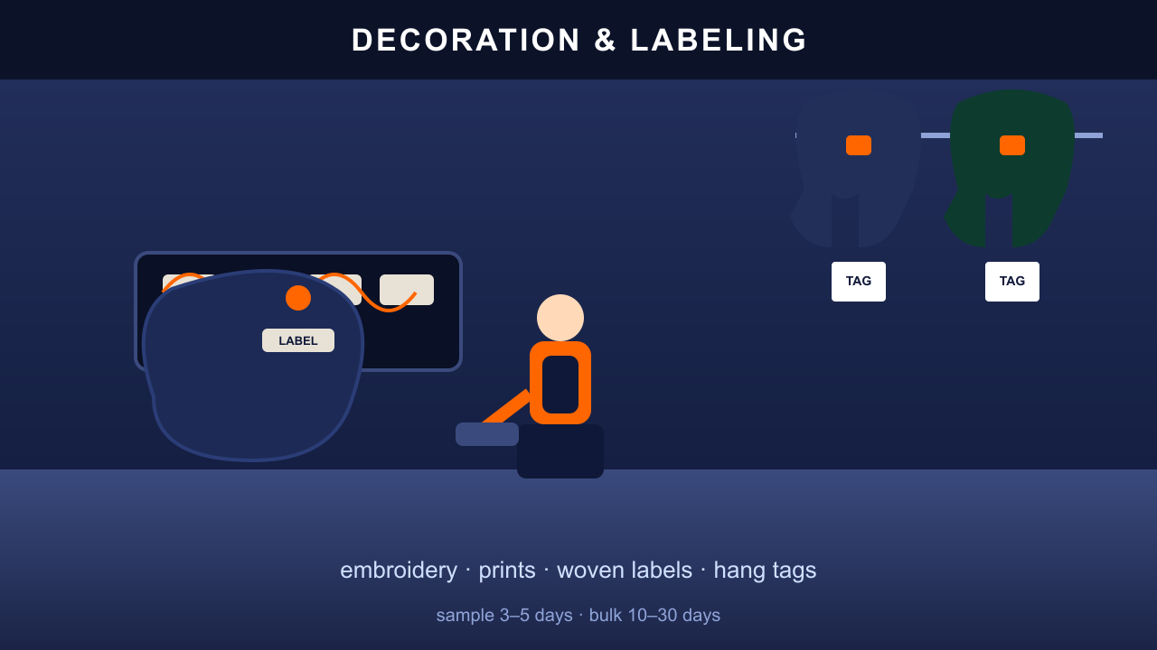 Factory embroidery and labeling line with an operator at the machine and finished jackets with hang tags on a rail