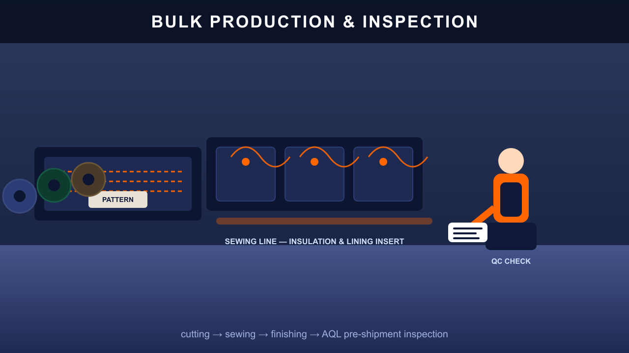 Bulk production: cutting, sewing line and AQL quality inspection at the chanjoye facility